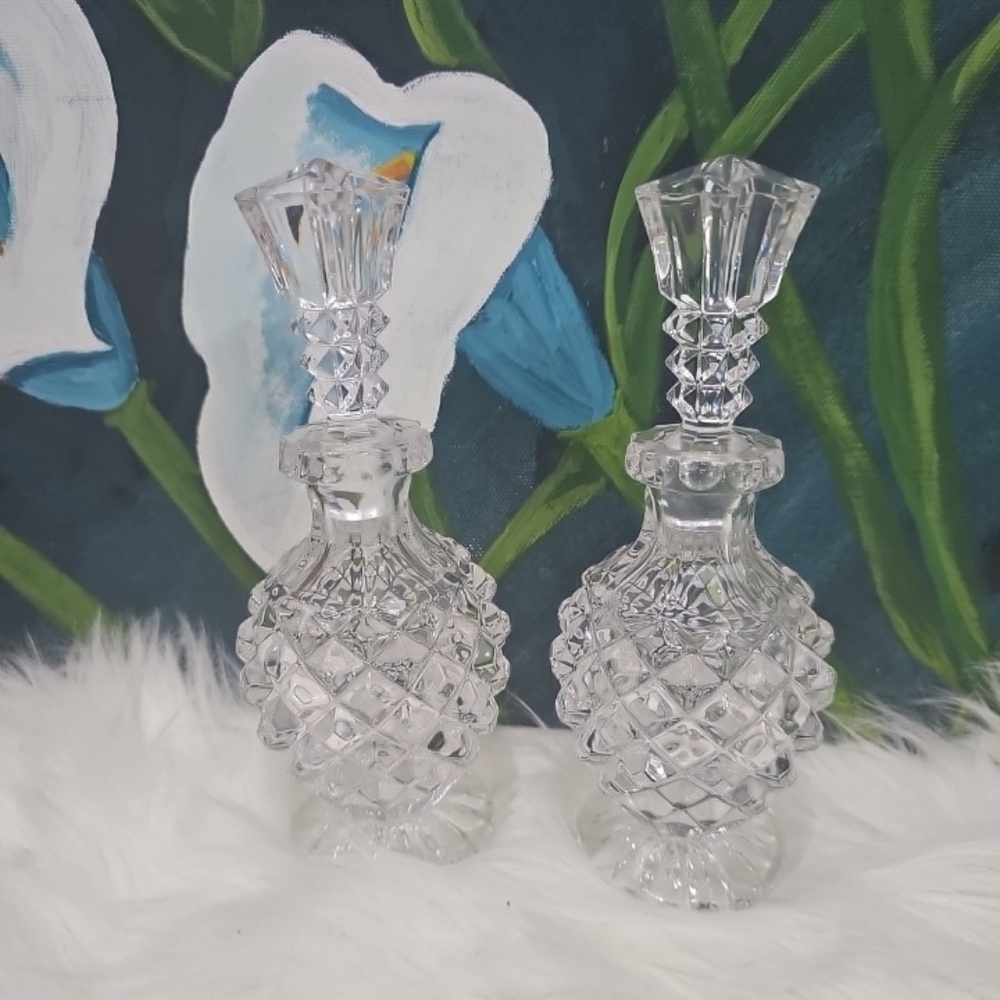 Vintage Heavy Crystal Diamond Pattern Perfume Bottle w/ Stopper-7” lot of 2